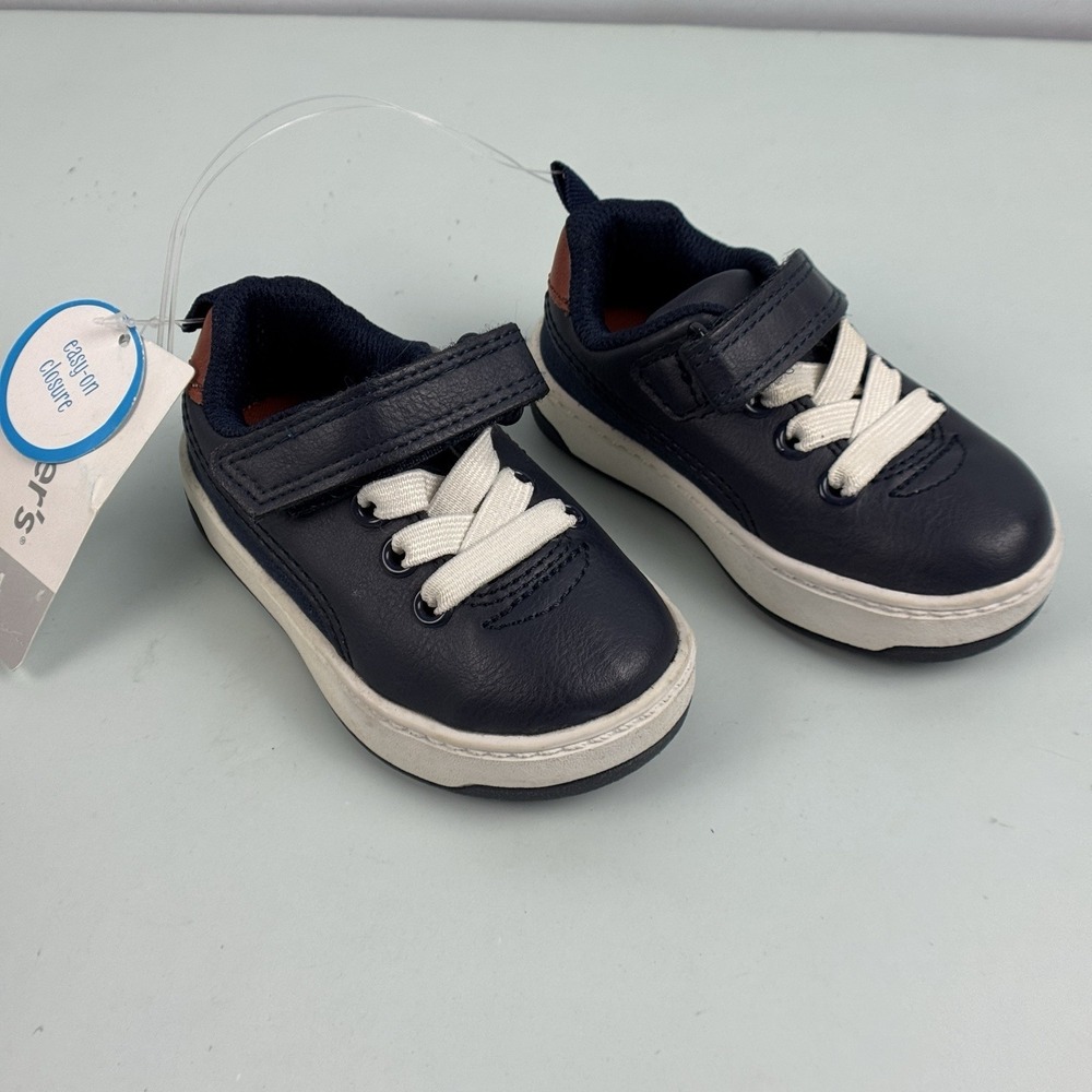 Carters Infant Boy Toddler Shoes Size 4 NWT Navy White Brown Easy On Closure